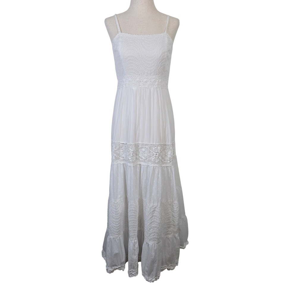 Magic White Cotton Crochet Lace Boho Maxi Dress Smocked Back Small